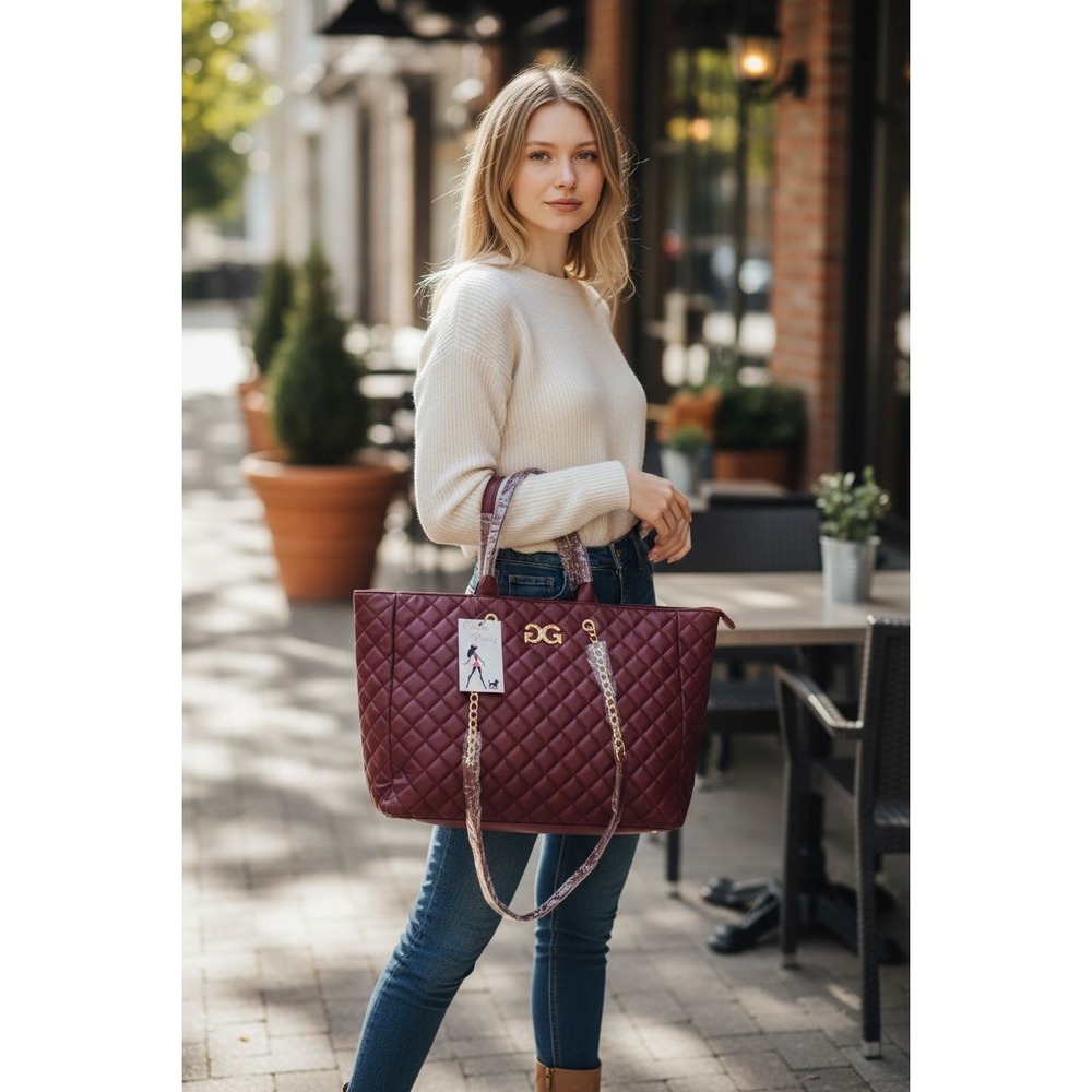 Gilda Paris Burgundy Quilted Tote Bag with Chain Accent Designer Inspired NWT - Picture 2 of 14